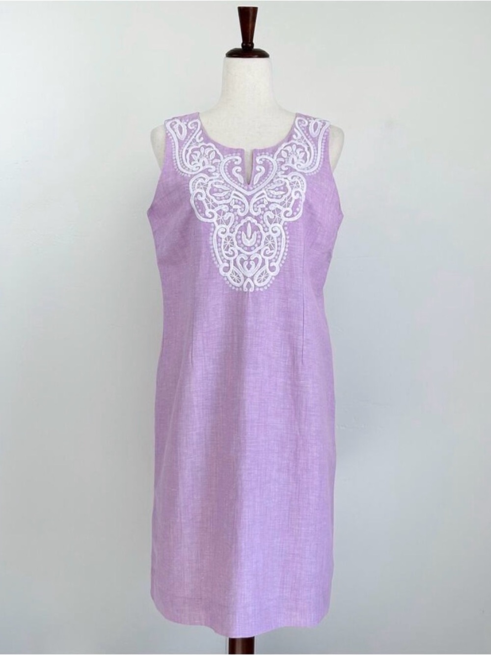 Talbots Lilac Purple Bohemian Embroidered Linen Sleeveless Shift Dress SIZE 8